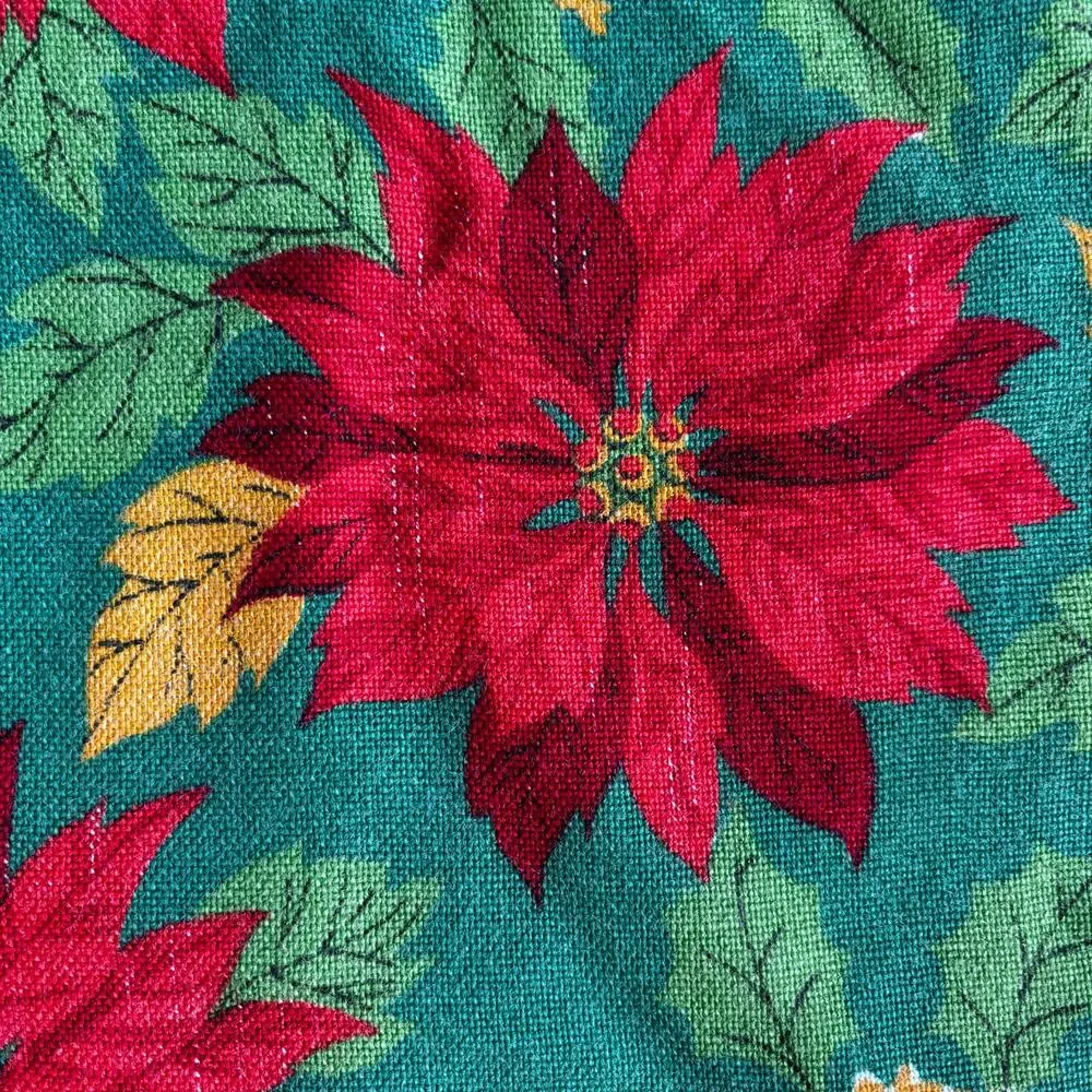 Christmas Tablecloth vintage 70's woven red green white gold poinsettias cloth